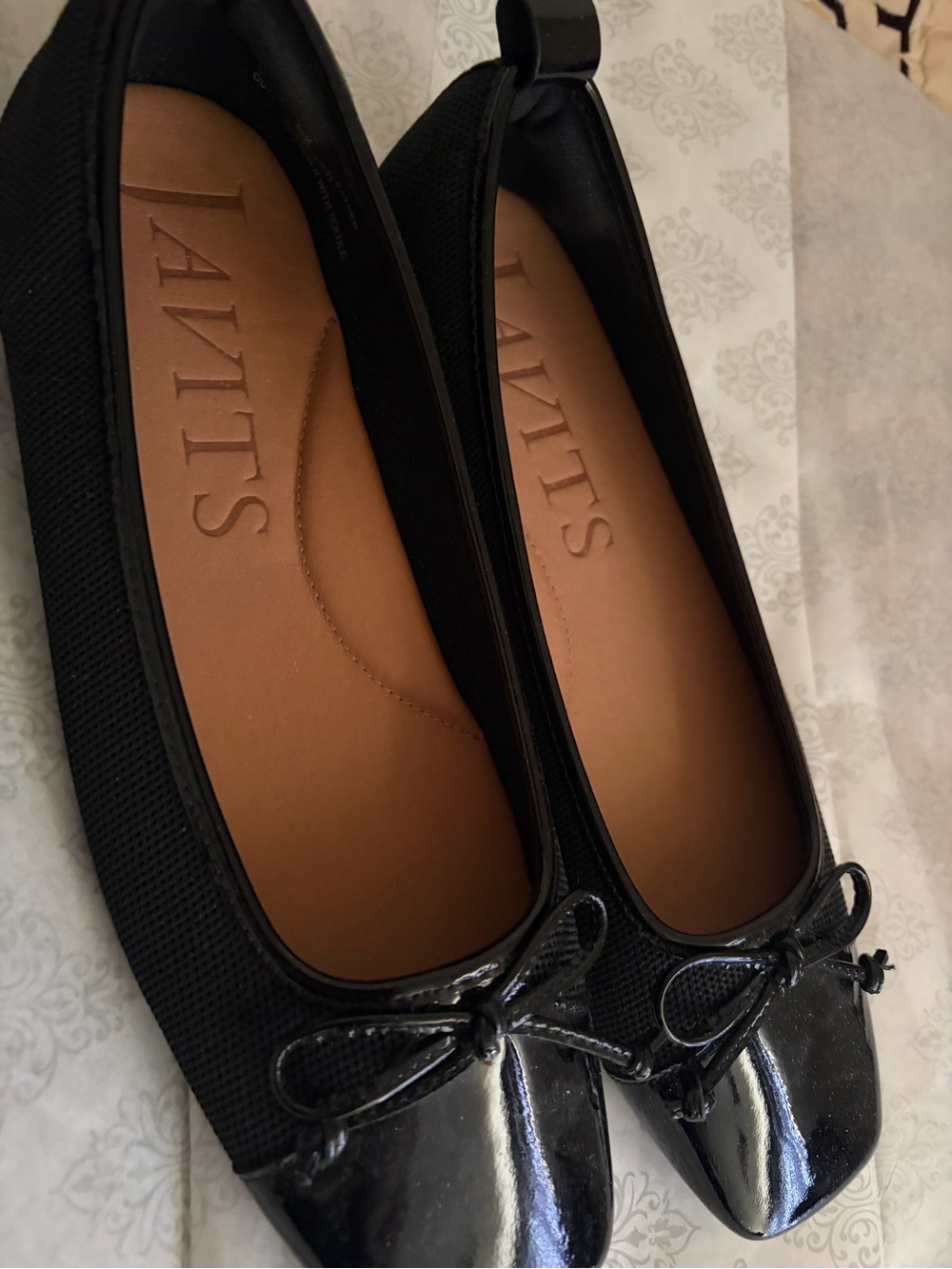 Eric Javits Parris Black Ballet Flats with Patent Toe and Bow